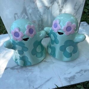 Mint Green Floral Ghost Ceramic Salt & Pepper Set